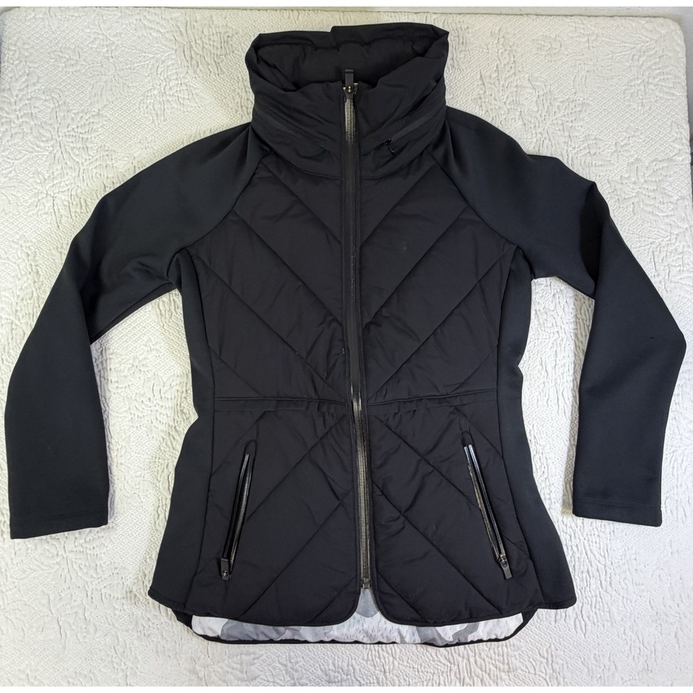 Athleta Quilted Primaloft Jacket Women XS Black Hideaway Hood Stretch Thumb Hole